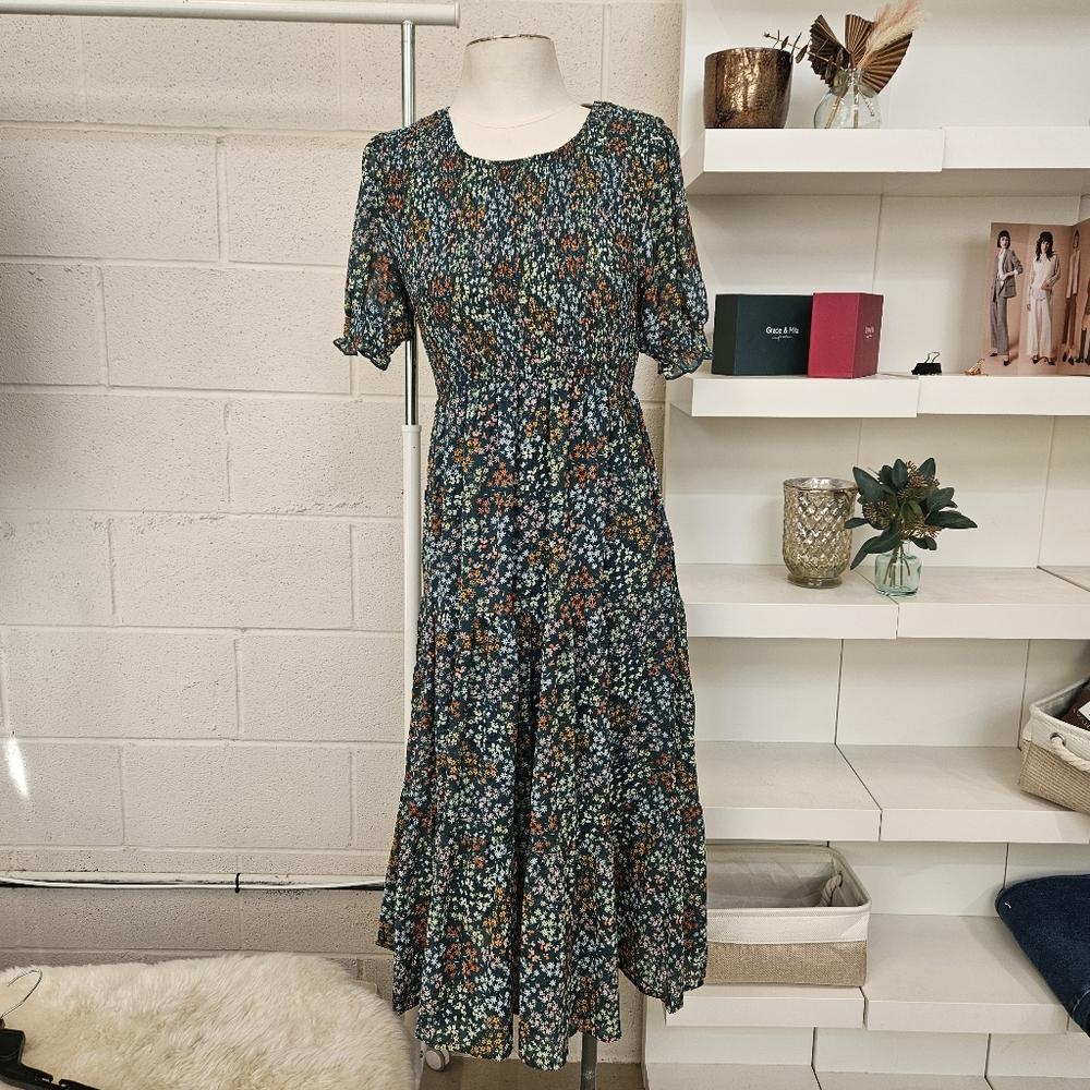 Puff Sleeve Floral Midi Dress with Smocked Bodice - Picture 5 of 7